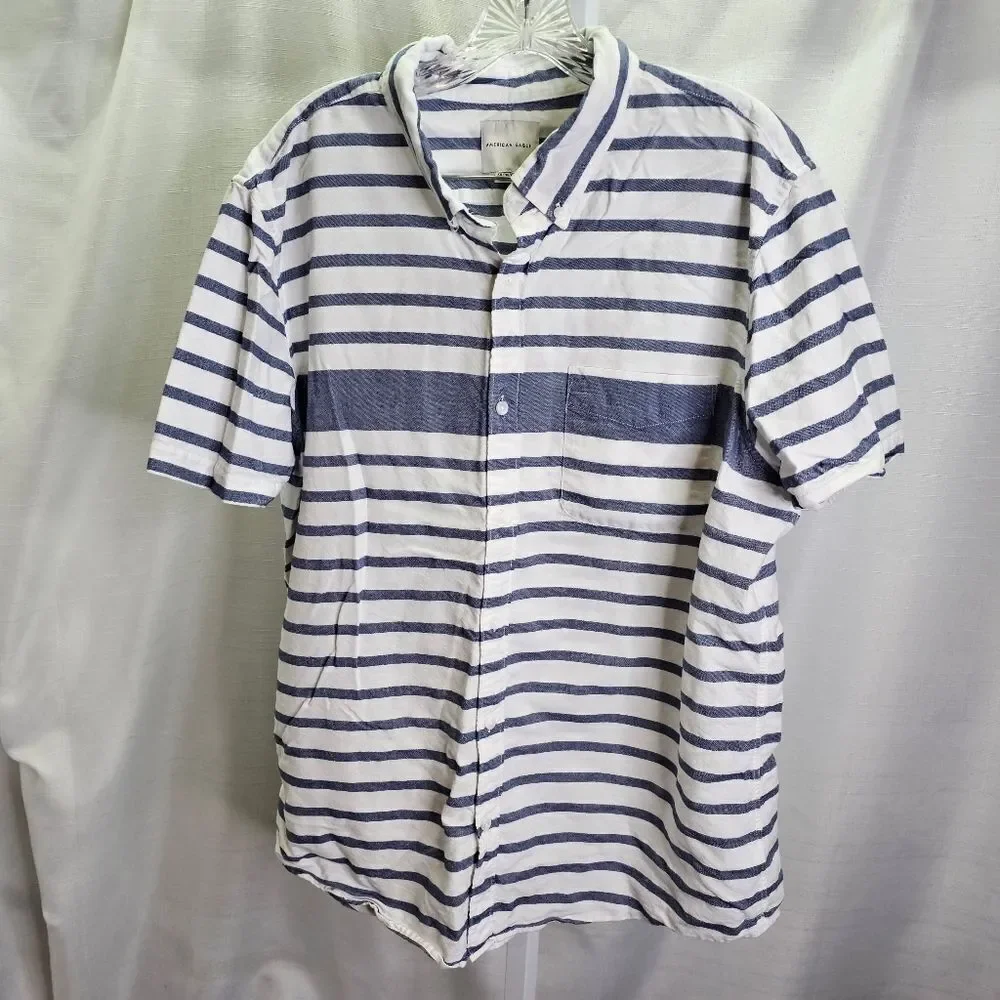 American Eagle Outfitters White and Blue Striped Cotton Button Down Shirt XXL